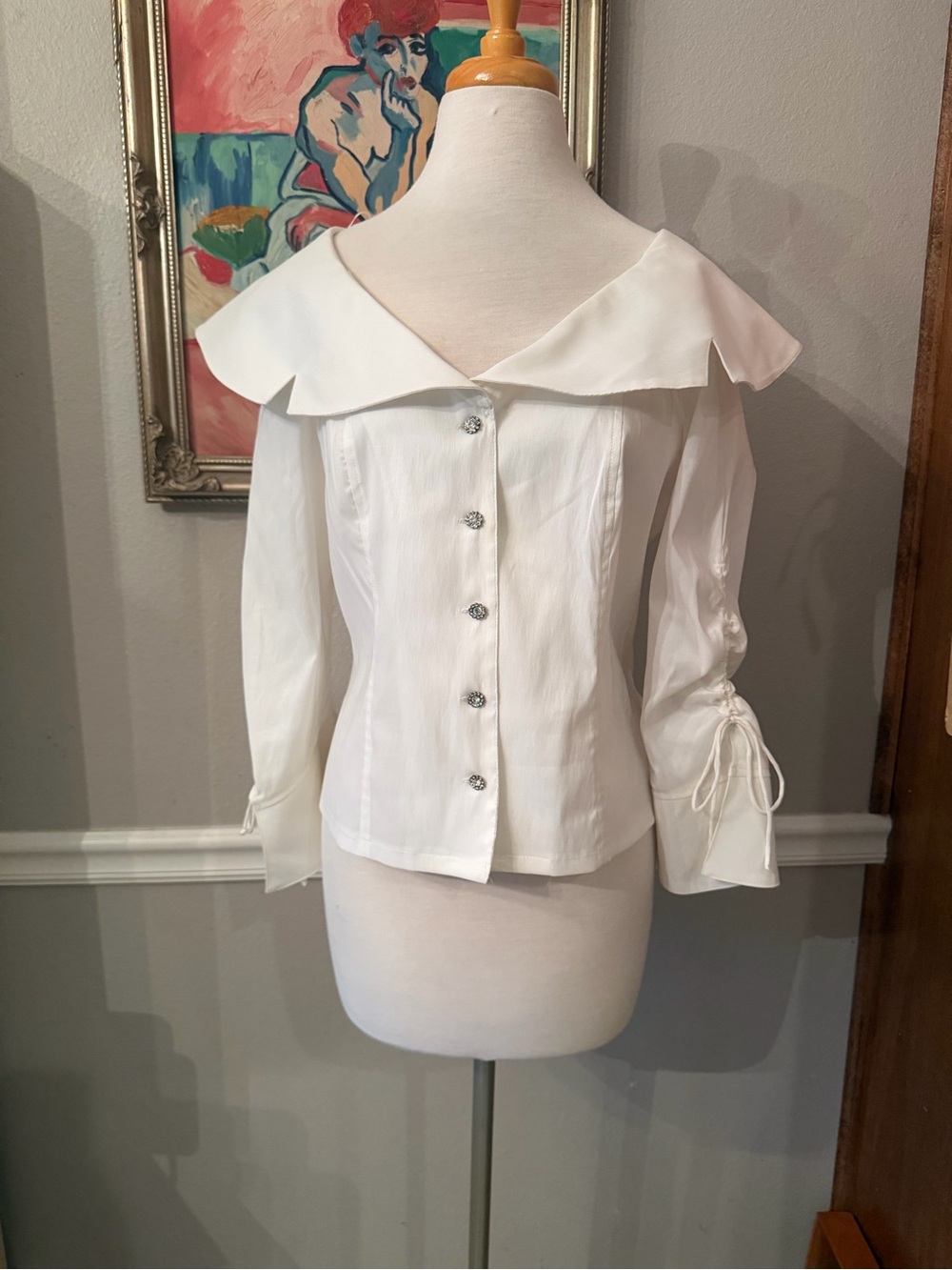 Vintage Victor Costa White Off Shoulder Statement Blouse Size 14 Rhinestone - Picture 2 of 9
